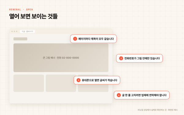 리뉴얼 상담에서 지금 홈페이지를 열어 보면 보이는 것들 · 화면은 예시